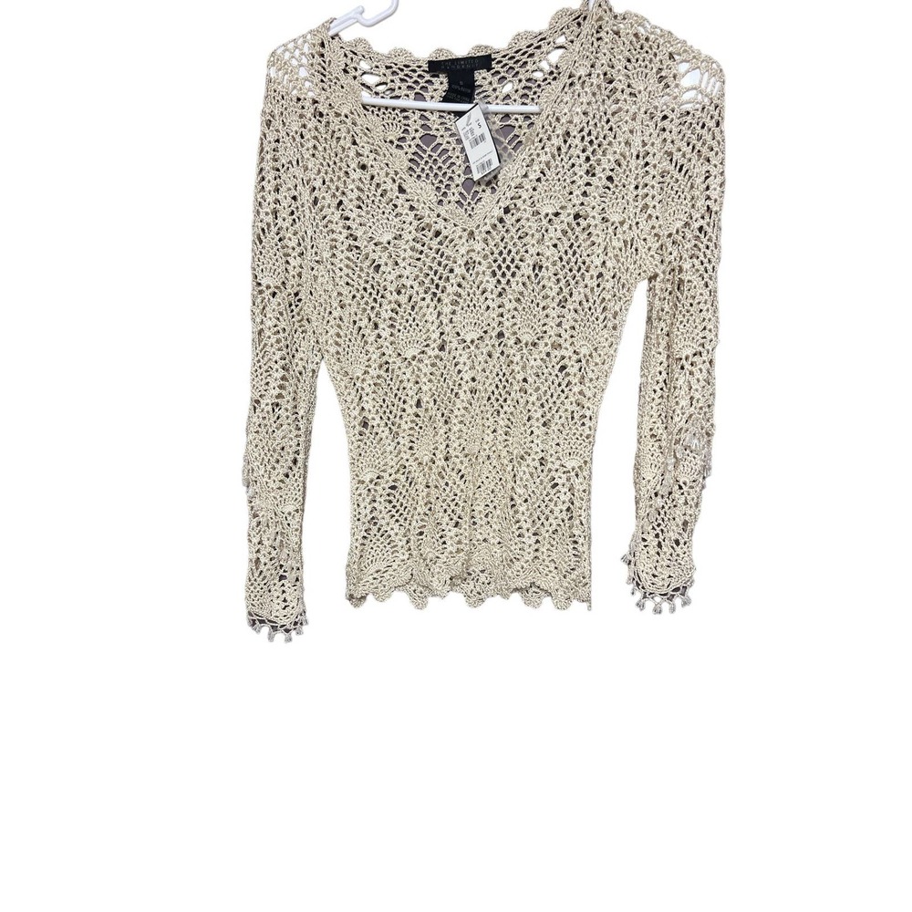 Y2K limited handknit crochet ivory top with hanging sleeve details  sz small